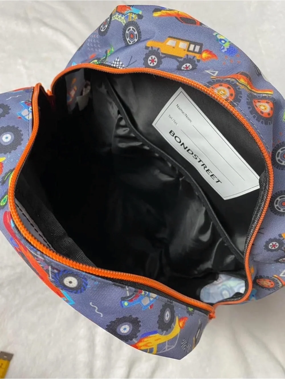 NWOT Kids Monster Truck Backpack Gray with Orange Accents 15’ height